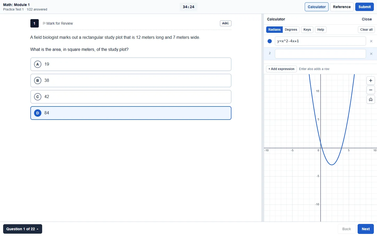 Module Math Digital SAT trên SageTutor: một câu hỏi với bốn phương án ở bên trái và máy tính vẽ đồ thị đang vẽ một parabol ở bên phải.